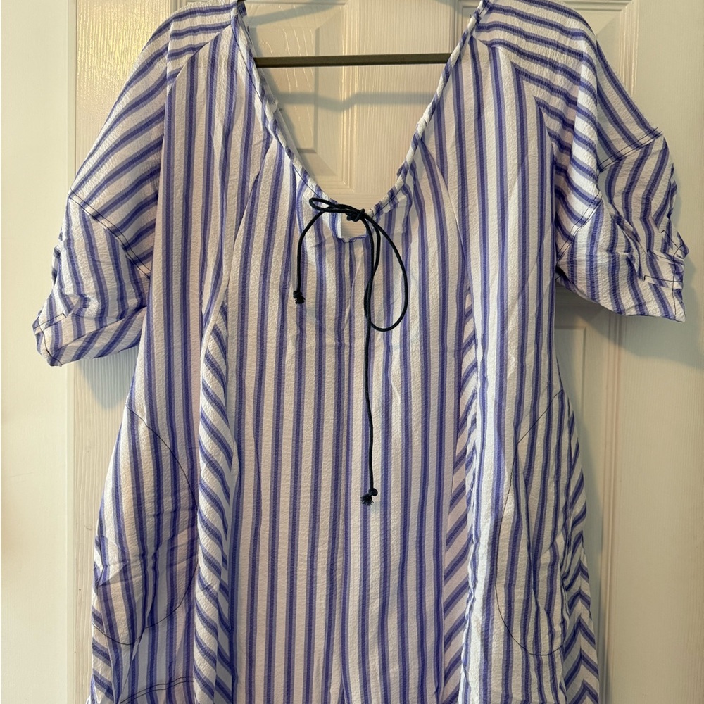 Striped Lilac and White Striped Romper with Pockets